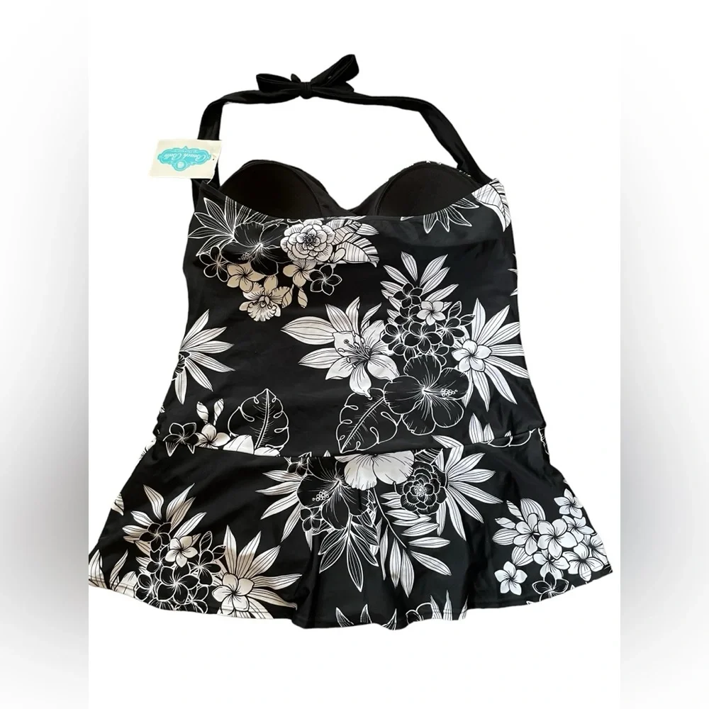 NEW Beach Belle Plus Size Black White Midnight Bouquet Twist Halter Swim Dress - Picture 3 of 9